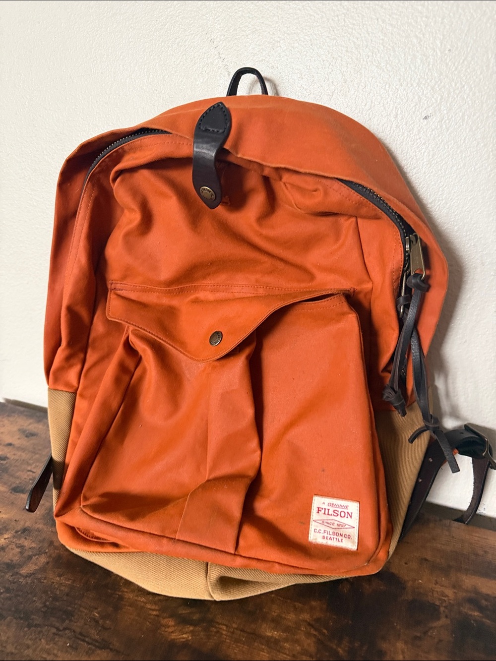 Filson Orange Canvas Backpack with Tan Base and Leather Trim